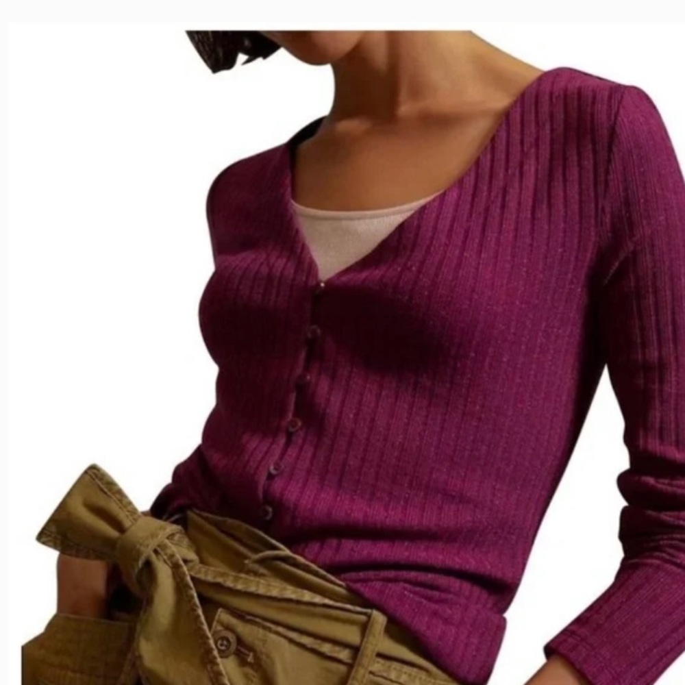 ANTHROPOLOGIE MAEVE Meryl Rib Knit Henley V-neck Sparkly Purple Sweater